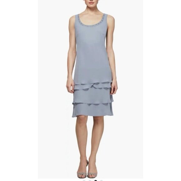 SLNY Jacket & Dress 14 Aloe Blue Ruffled Party Wedding Cruise Flowy NEW - Picture 4 of 16